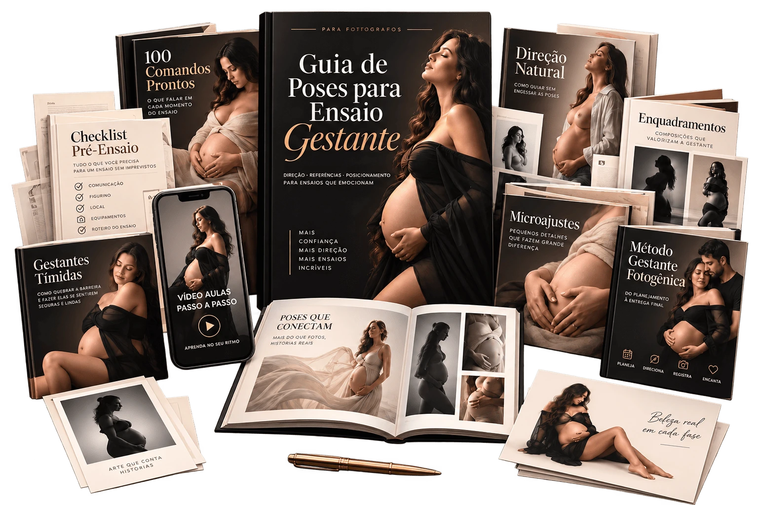 Coleção completa com o Guia de Poses para Ensaio de Gestante e seus materiais complementares